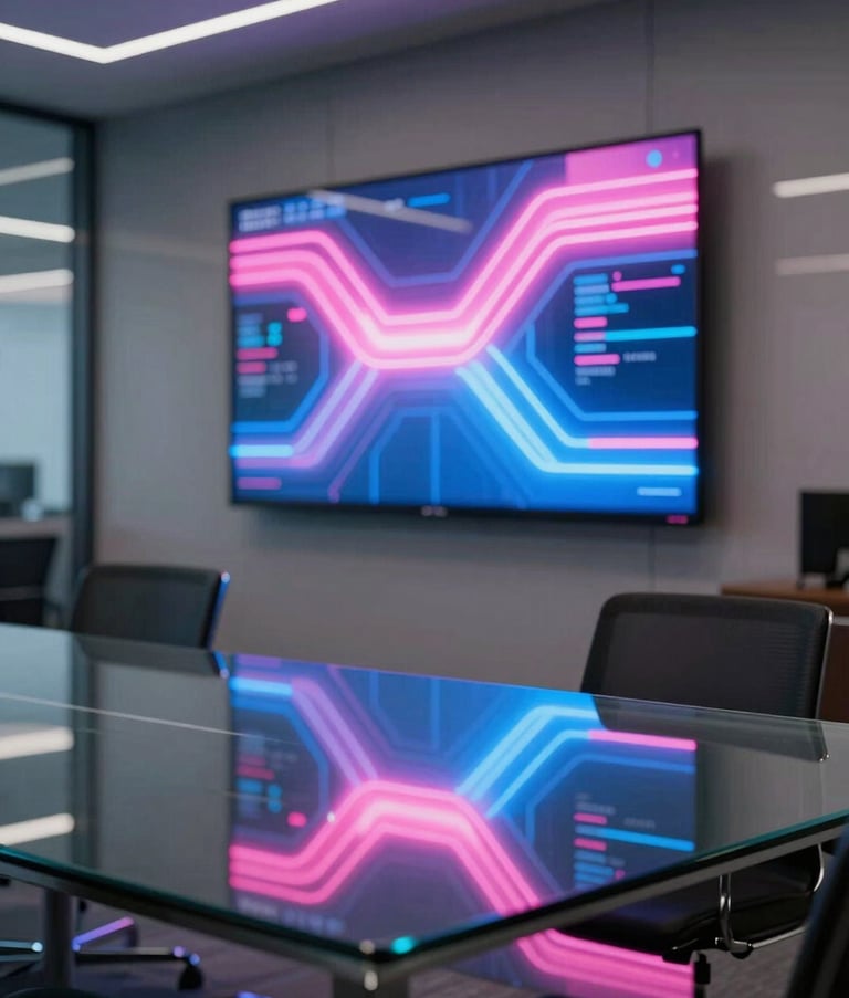 A modern North American office interior at night. A large glass table reflects vibrant pink and blue neon lights from a digital display on the wall. The atmosphere is premium and tech-focused.