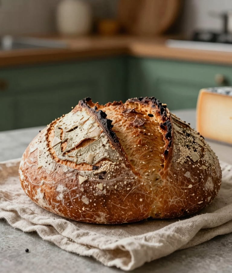 A close-up, high-detail photograph of a freshly baked artisanal sourdough loaf and local organic cheeses on a linen cloth, set in a cozy, sunlit kitchen. Earthy tones of muted stone and matte forest green in the background. Western European / North American food culture aesthetic.