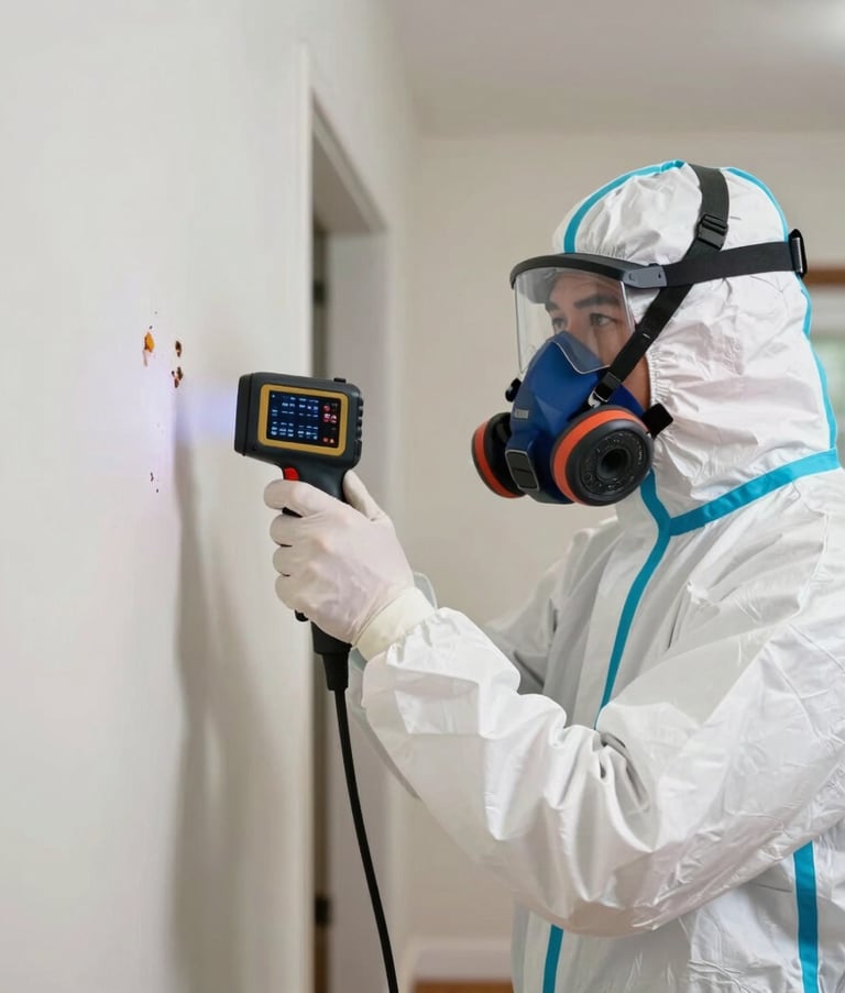 Professional remediation specialist wearing full white protective PPE gear and a safety respirator, using a thermal imaging camera to inspect a wall for hidden moisture in a North American / US (Florida) residential interior.