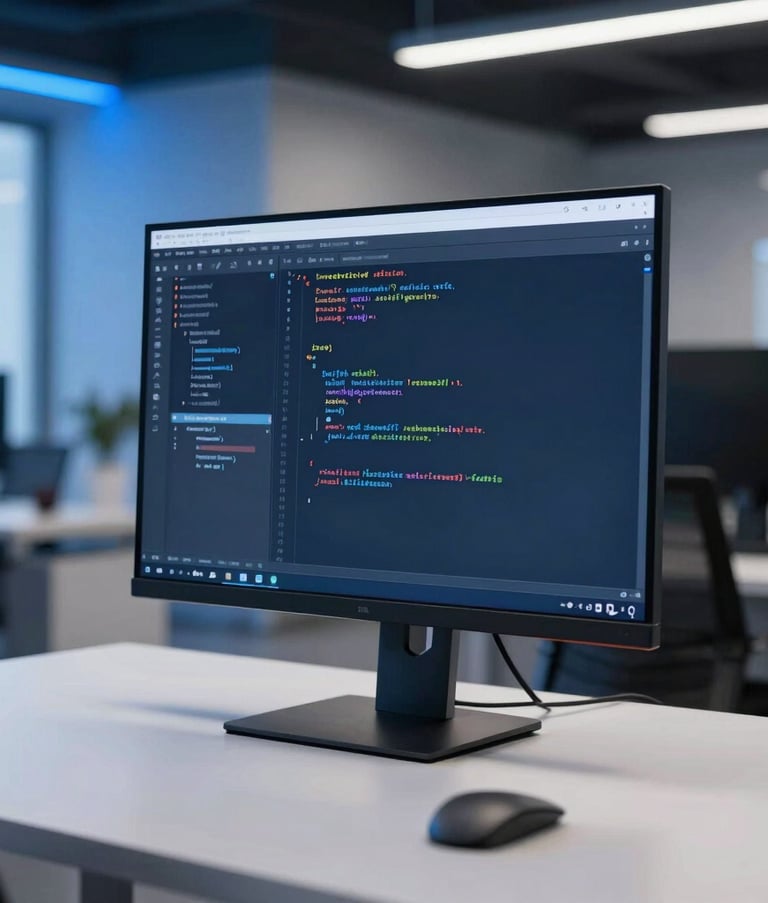 A modern, minimalist North American / US office space at night with bright blue accents. A high-resolution monitor shows clean lines of code, reflecting professional software development and innovative technology solutions.