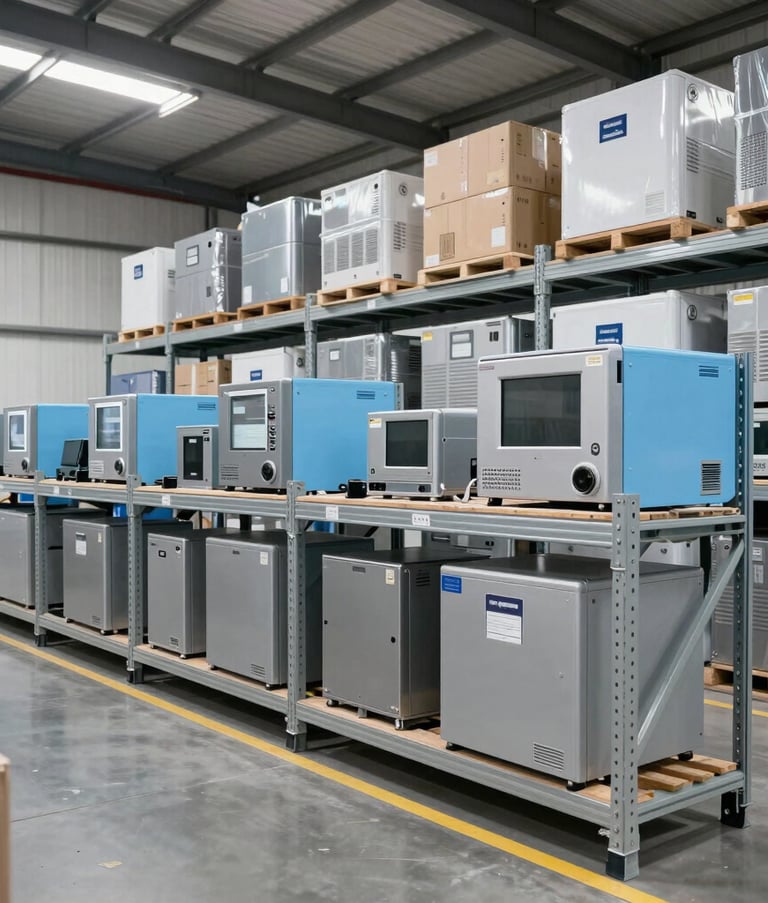 Wide shot of a modern, clean logistics distribution center in Brazil with silver and light blue accents, showing organized shelves and high-end equipment, professional commercial photography.
