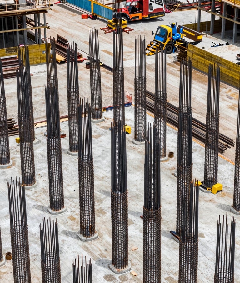 A high-angle professional photograph of a South American construction project showing precisely aligned steel columns and rebar. The scene is bright and highlights architectural stability and efficiency.