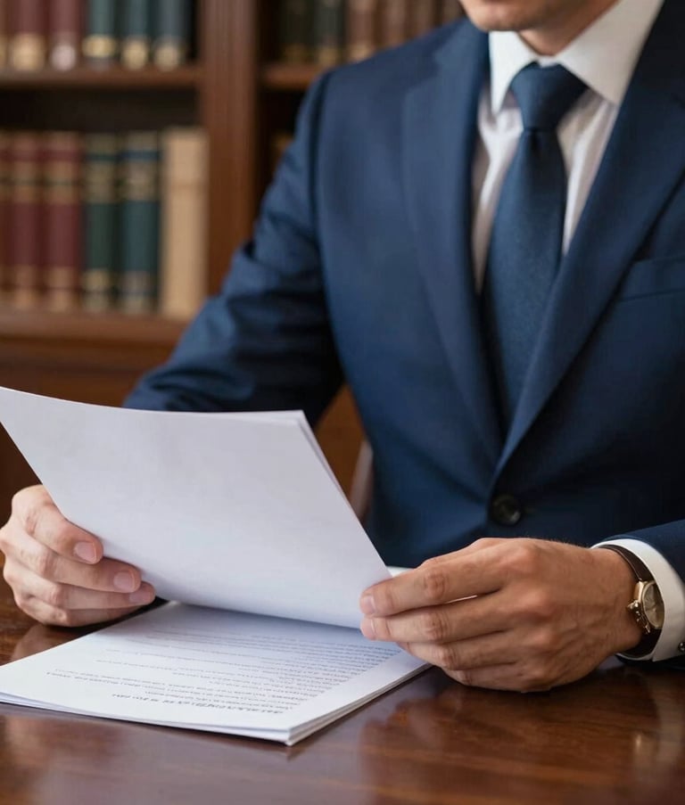 Photography of a legal expert in a high-end navy blue suit, focus on hands holding a professional document. White paper on a dark wood table, blurred background of a law library with soft lighting. European professional style.