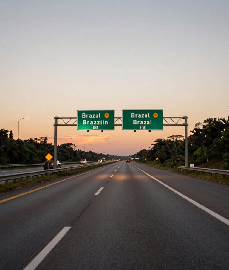 High-quality photography of a well-maintained Brazilian highway at dusk, with soft warm lighting reflecting off the asphalt and clear road signage. The composition is calm and professional, emphasizing safety and order on the road.