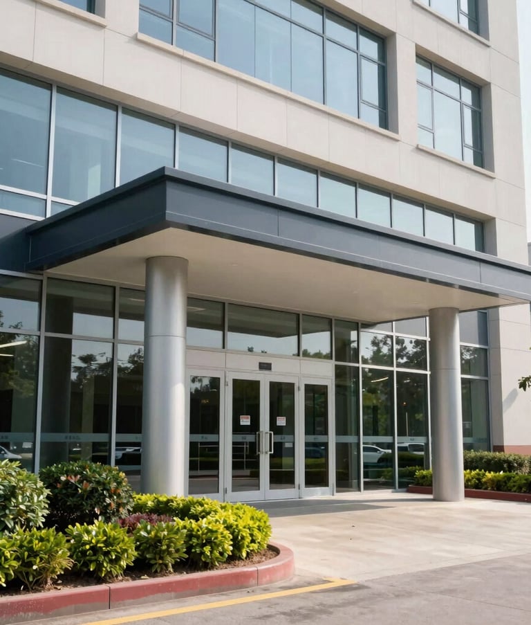 A daytime exterior photograph of a large, professional commercial building entrance in North America, showcasing sleek glass doors, manicured green landscaping, and a sense of established corporate security.