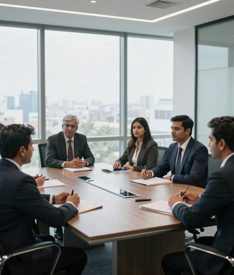 A professional wide-shot of a modern corporate boardroom in Gurugram, India. South Asian / Indian professionals are seated around a sleek table, engaged in a strategic discussion. The room is bright with floor-to-ceiling windows, reflecting a mood of modern efficiency and trust.