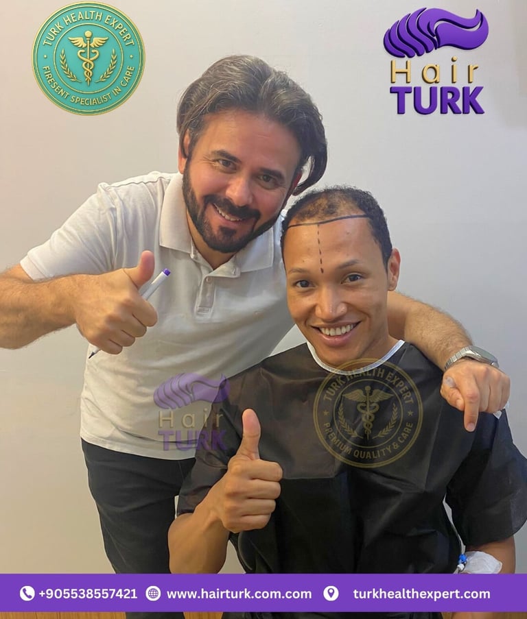 happy patient with hair line design and a doctor before hair transplantation