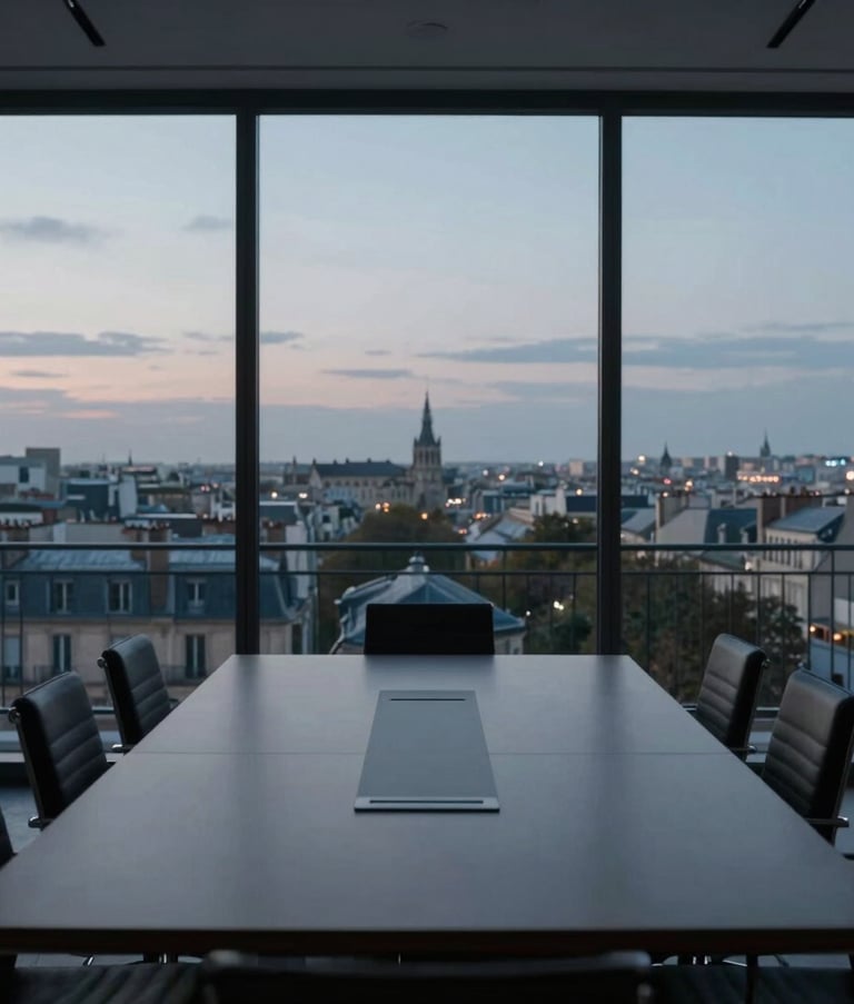 Cinematic photograph of a minimalist European boardroom at twilight, overlooking a French city skyline, with soft light gray and dark blue tones.