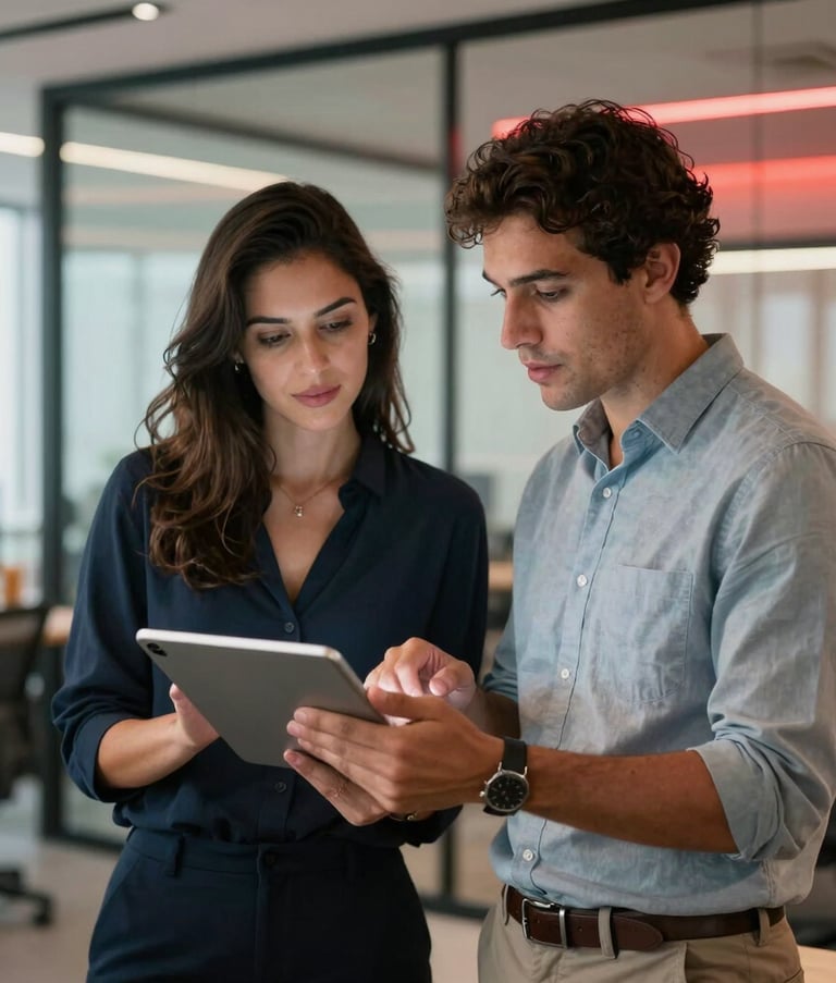 A high-quality photograph of a professional collaboration in a modern Brazilian coworking space. Two people in smart-casual attire are focused on a sleek tablet screen. The background is a sophisticated office with glass partitions and soft red ambient lighting. Realistic, crisp, professional atmosphere.