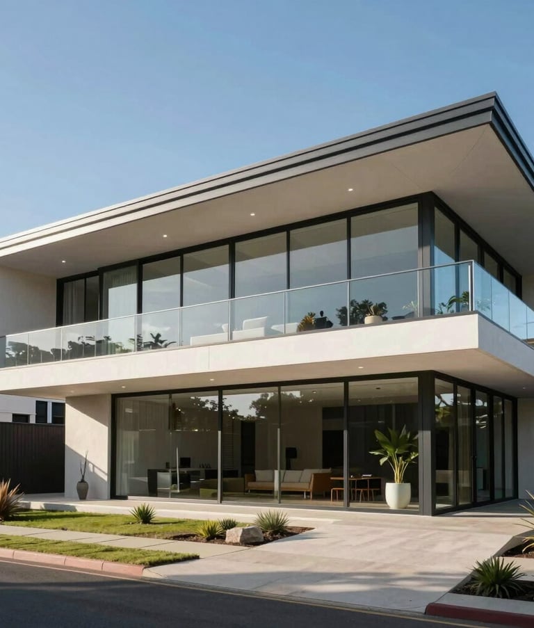 A wide-angle shot of a contemporary Australian architectural home featuring clean lines, large glass panels, and a sleek metal roof. The setting is bright and airy under a clear blue sky, emphasizing modern luxury and sophisticated real estate design.