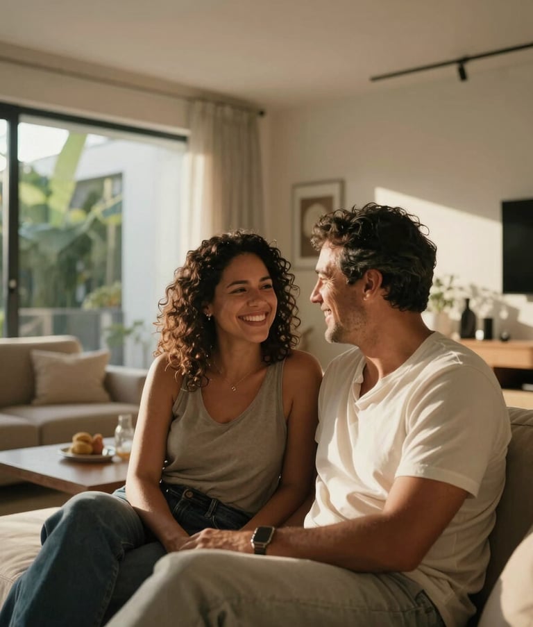 A South American / Brazilian couple in their thirties smiling together in a sun-drenched, modern living room. The lighting is warm and inviting, emphasizing a lifestyle of comfort and financial ease. Premium architectural style.