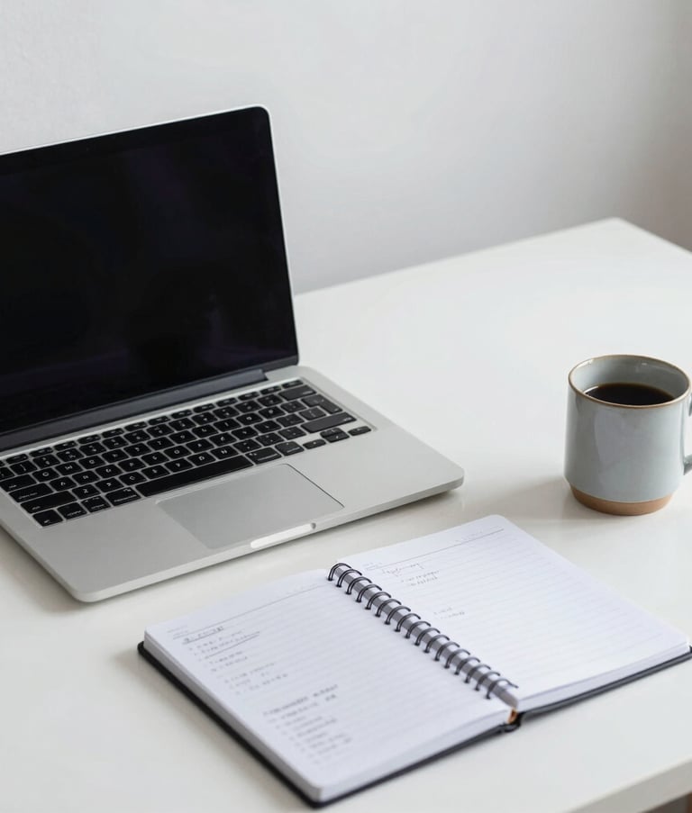 A minimalist Northern European office desk with a silver laptop, a notebook with strategy notes, and a ceramic mug. The scene is organized and bright, featuring soft blue and steel gray accents.