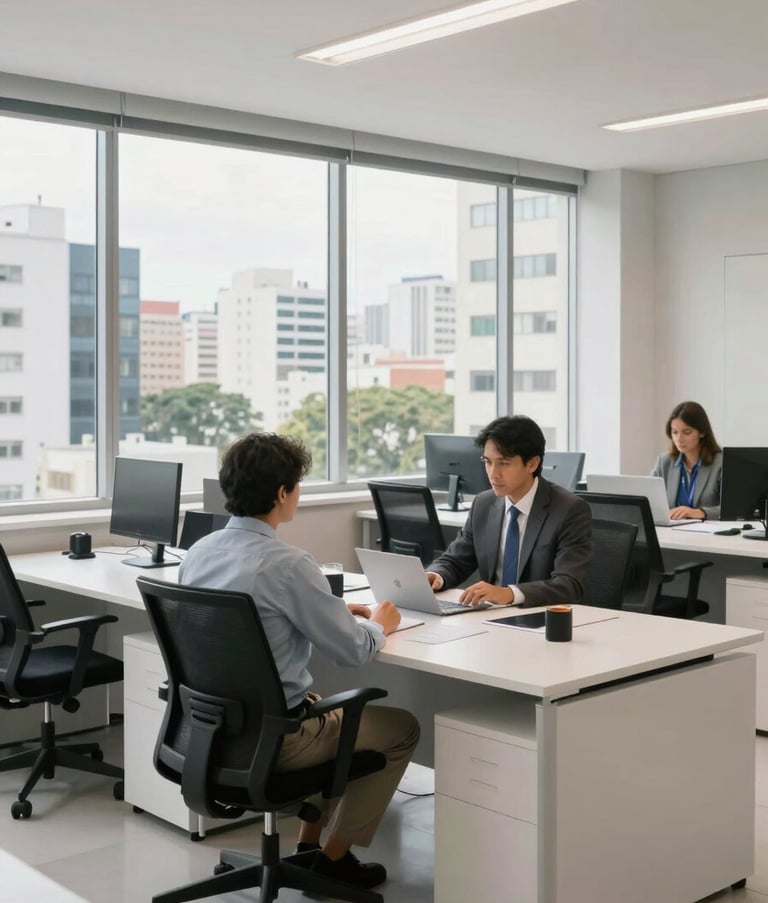 A professional and brightly lit office interior in Brazil where management is conducted. Clean white desks, ergonomic chairs, and a large window overlooking a modern urban landscape. South American / Brazilian setting, professional vibe.