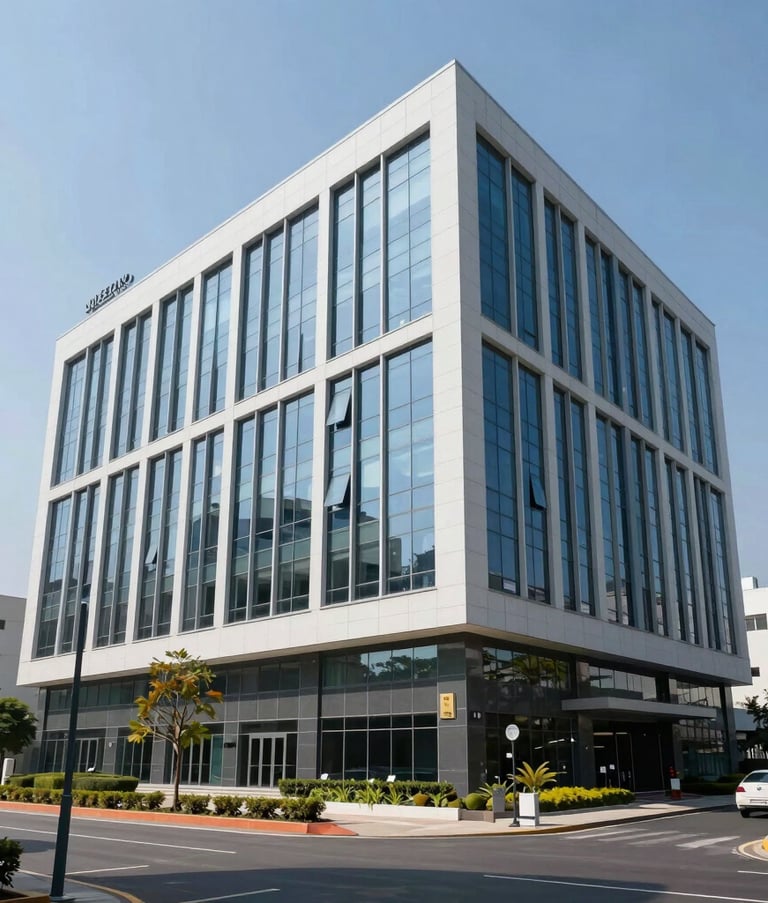Exterior view of a modern corporate office of a pharmaceutical company in South Asia, sunny day, professional architecture.