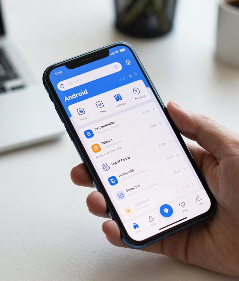 A close-up photograph of a hand holding a sleek Android smartphone in a clean, modern North American workspace, the screen showing a secure and professional banking dashboard with blue and white accents.