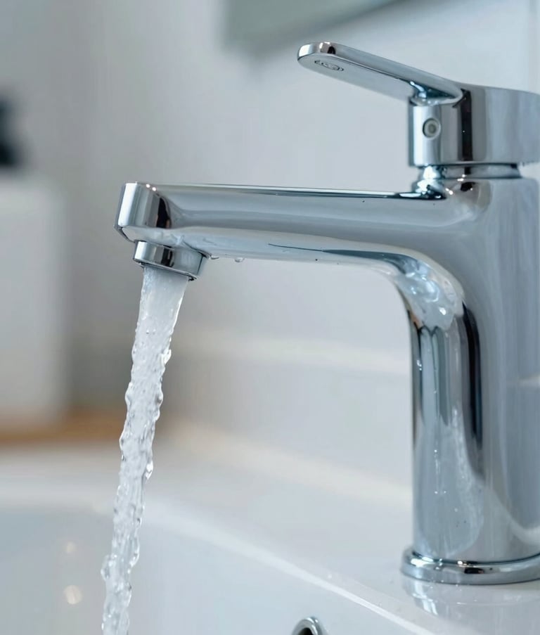 Close-up of a modern, sleek chrome bathroom faucet with crystal clear water flowing, reflecting a bright and clean Western European bathroom interior, high-end photography with soft blue tones.