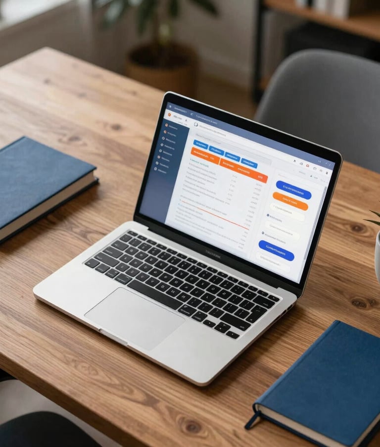 Overhead shot of a workspace with a high-end laptop displaying colorful e-commerce sales charts. Professional South Asian home office environment with soft lighting and slate blue office accessories on a wooden desk.