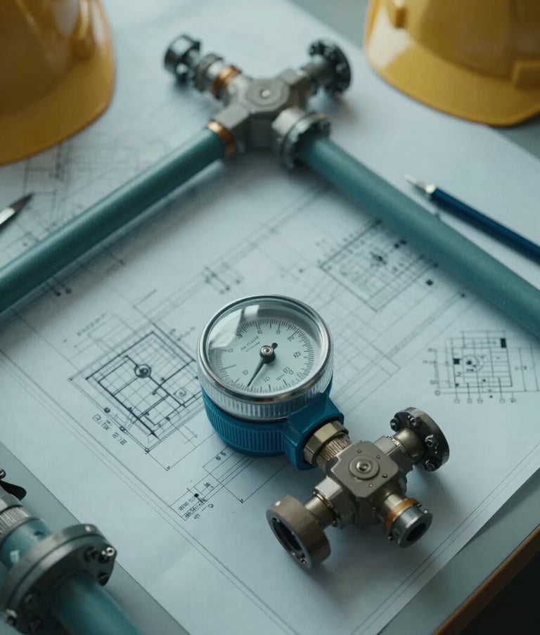 A top-down view of an engineer's workspace featuring detailed blueprints of a water distribution network and a modern water meter component. Soft, natural lighting. International / Professional setting. Colors include medium teal and light grayish blue.