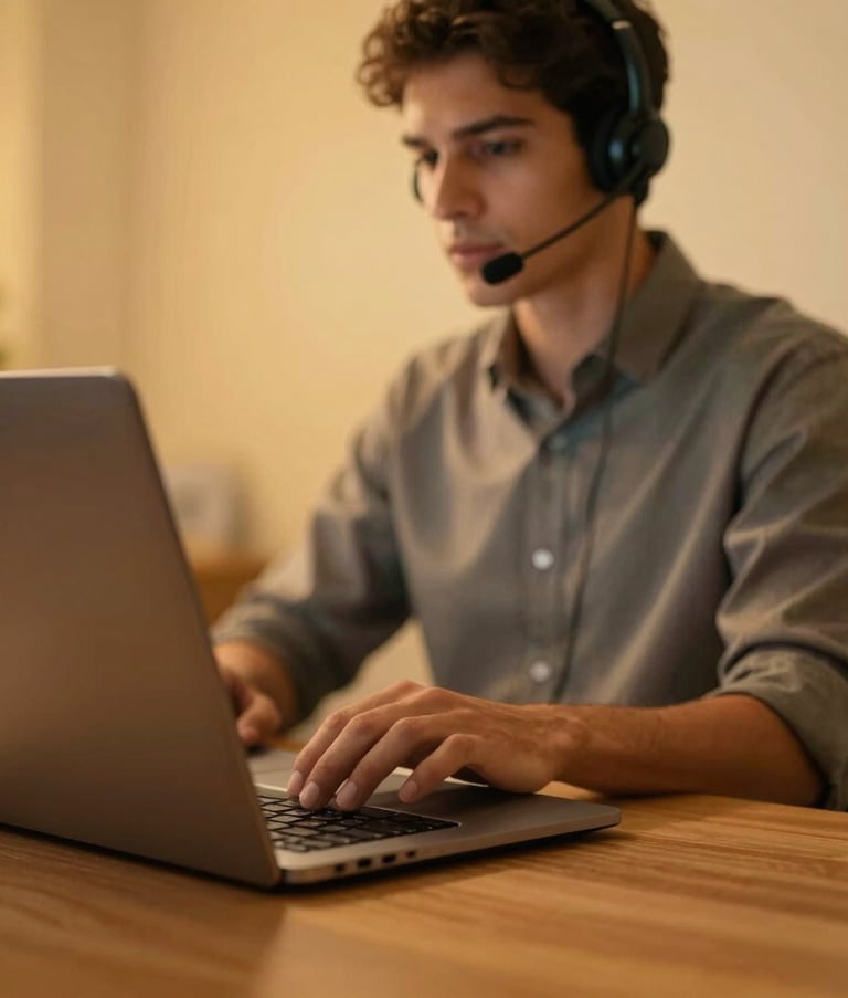 Close-up of a professional desk with a modern laptop and a soft-focus background of a South American / Brazilian call center agent, modern workspace, golden orange warm lighting, focus on a high-tech headset and efficient workflow.