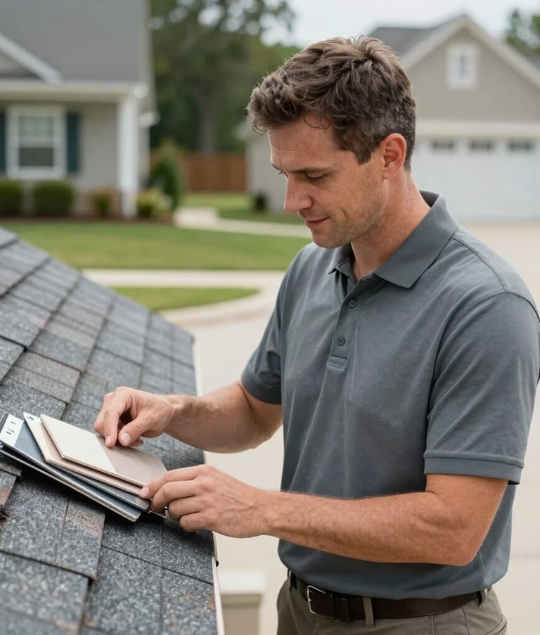 A trustworthy roofing specialist in a Slate Gray polo shirt explaining different shingle samples to a homeowner. The setting is an outdoor North American / US residential driveway. Professional, friendly, and reliable atmosphere.