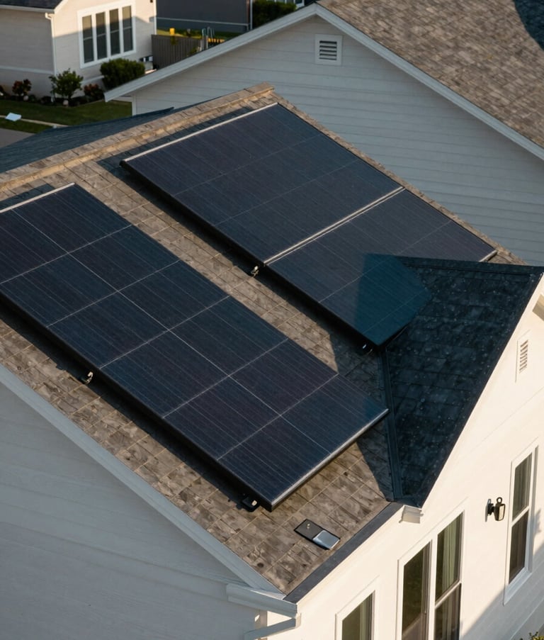 A modern North American / US suburban home featuring dark, sleek solar panels integrated into the roof architecture. High-contrast lighting, soft morning shadows, off-white and teal tones in a clean composition.