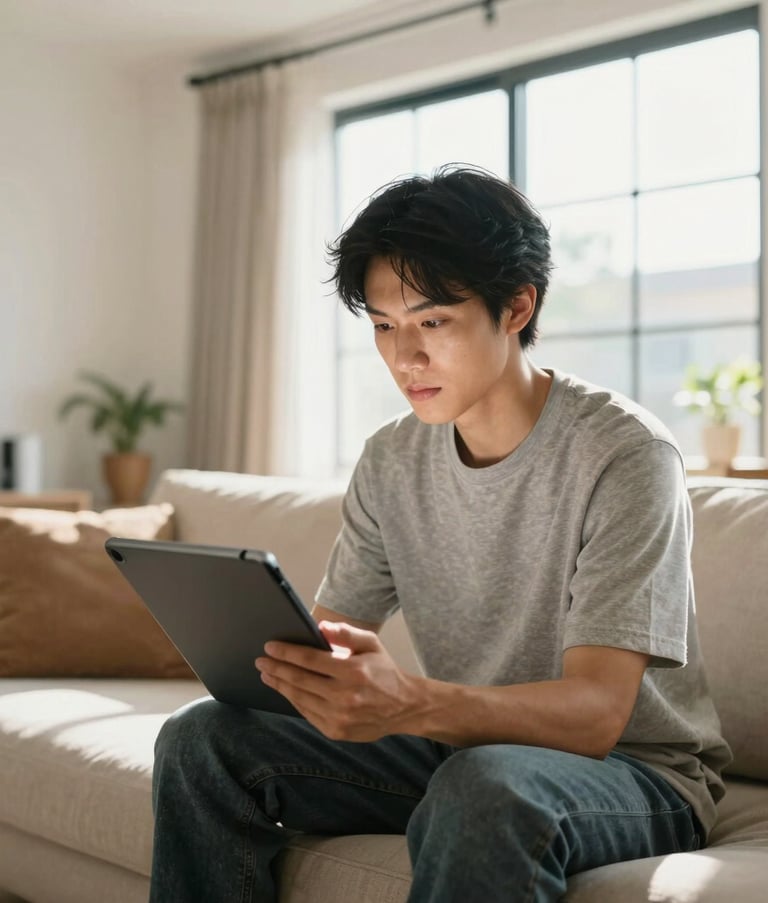 A medium shot in a modern North American living room. A person is looking at a digital tablet with a focused, empowered expression. The room is decorated in off-white and tan tones with natural sunlight streaming through a large window.