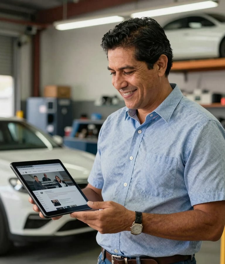 A proud Mexican business owner standing in front of his well-organized automotive workshop. He is smiling while looking at a tablet that displays a professional website. The lighting is bright and natural.