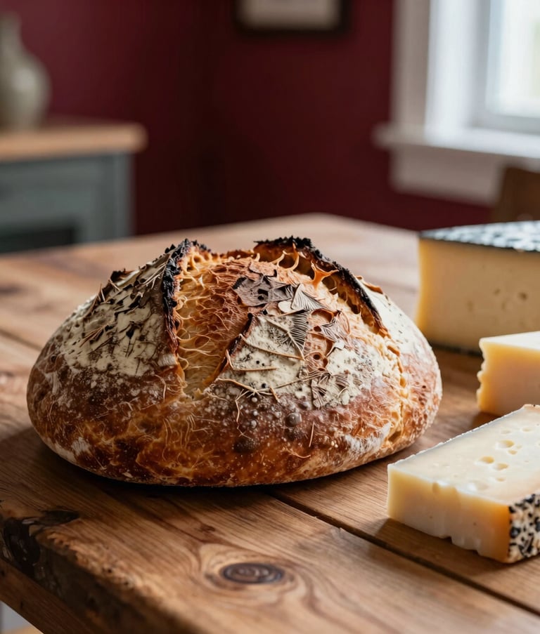 Close-up of a fresh artisanal sourdough loaf and local farmhouse cheeses on a rustic wooden table. Scandinavian interior design with Deep Ripe Crimson accents in the background. Soft natural light from a window in a North American setting.