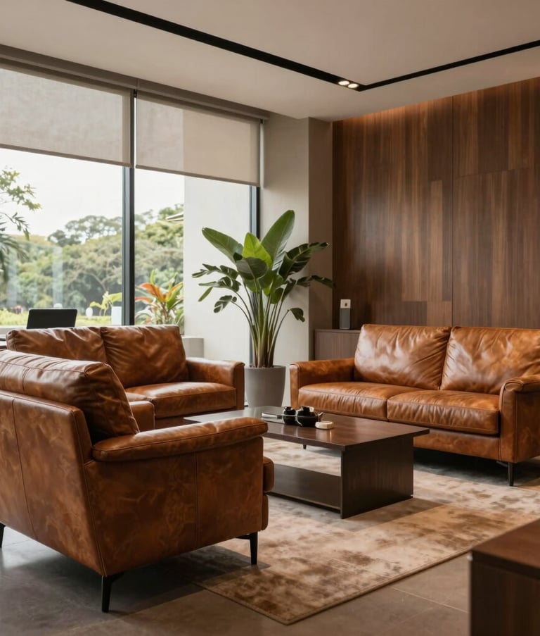 A sophisticated interior of a modern office in Vacaria, featuring premium leather furniture and decor in shades of brown and tan. Soft natural light through large windows, South American professional aesthetic.