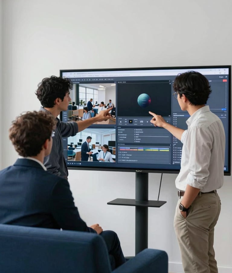 A modern, bright studio where two professionals are reviewing digital content on a large screen. The composition is clean and minimalist with Soft White walls and Dark Blue furniture. The mood is collaborative and professional. Spanish-speaking / Global business environment.