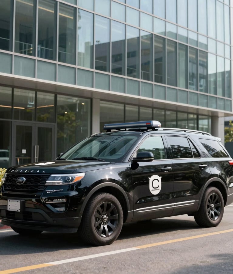 A clean, modern black security patrol SUV with subtle professional branding parked in front of a contemporary glass office building in a North American business district. Bright daylight photography.