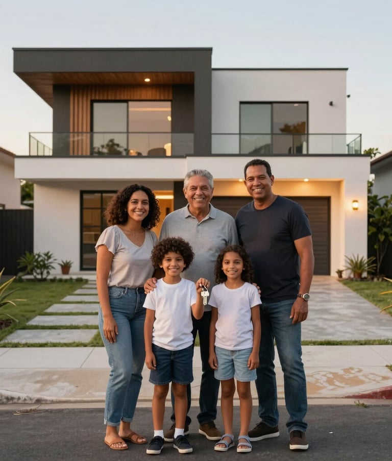 A South American Brazilian family standing in front of their new contemporary house during the afternoon golden hour. They are smiling warmly, holding a set of keys. The composition is a wide shot showing a clean, safe residential neighborhood with modern architecture. High-quality photography with soft lighting.
