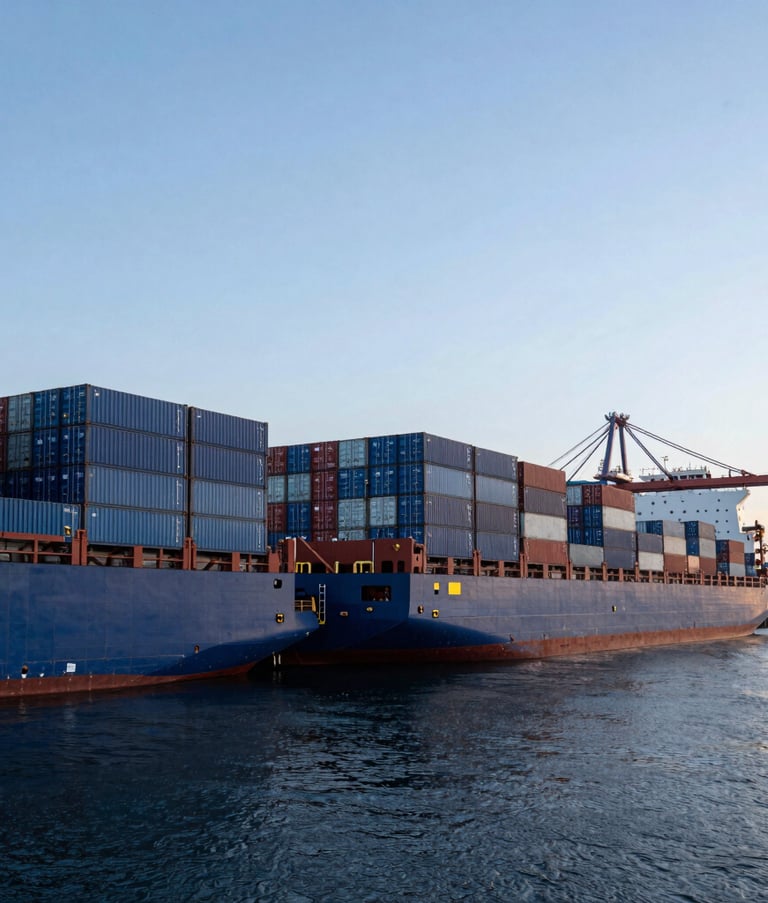 A wide-angle professional photograph of a bustling British shipping port at dawn. Large blue cargo containers are neatly stacked against a backdrop of deep navy water and a light blue sky. The composition is clean and modern, conveying efficient global trade and logistical excellence.