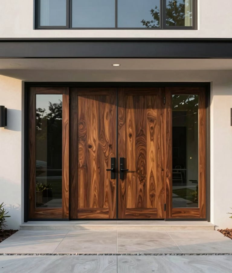 A wide-angle photography shot of a modern North American house featuring a grand minimalist pivot front door made of deep oak and glass, set against a clean architectural backdrop in the afternoon light.