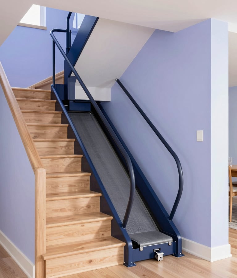 Interior shot of a well-lit North American residence showing a modern, curved stairlift installation on a light wood staircase. The setting is clean and contemporary, conveying reliability. Palette includes pale lavender blue and dark slate blue.