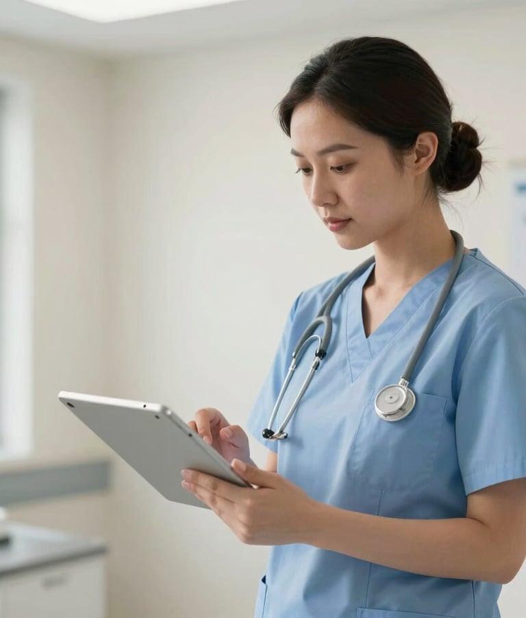A professional North American healthcare administrator in a brightly lit, modern medical setting using a sleek tablet to review data, featuring a clean aesthetic with light blue and off-white tones.
