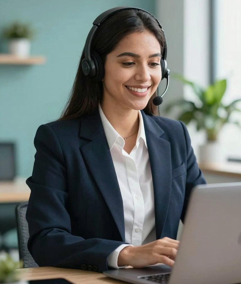 A professional South American virtual assistant wearing a headset, smiling warmly while working on a laptop in a bright, modern office with soft teal accents and plants.
