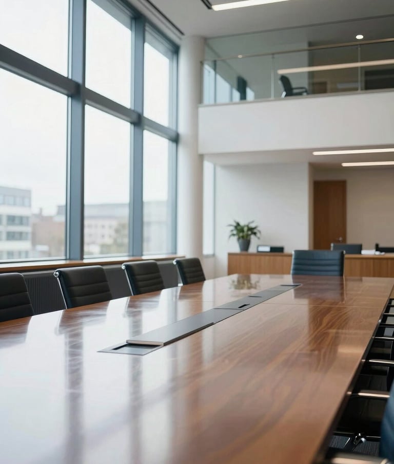 The interior of a prestigious, modern law firm in Germany. A large, polished meeting table reflects the bright light from tall windows. The atmosphere is quiet, professional, and impeccably clean, featuring steel blue and off white decor.