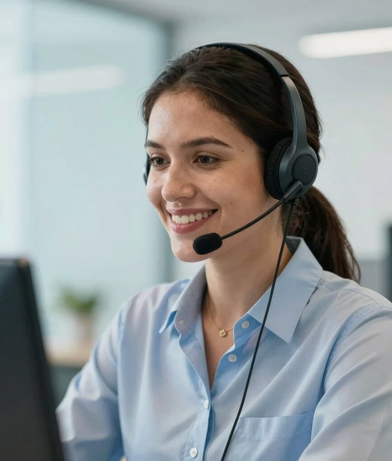 Medium shot of a professional South American customer service representative wearing a modern headset, smiling warmly. The background is a clean office environment with soft focus, featuring light blue and white color tones.