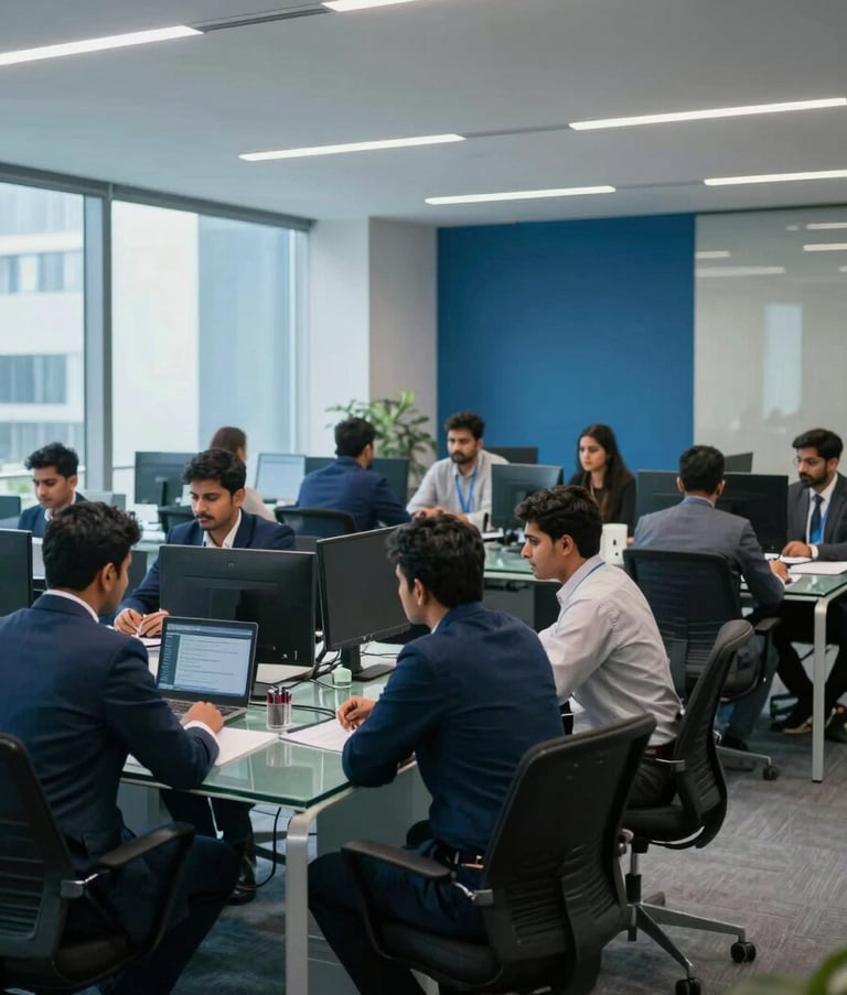 A wide shot of a clean, modern corporate office in Gurugram, South Asian professionals collaborating at glass desks, deep navy blue and sky blue office decor, sharp focus, cinematic corporate lighting.