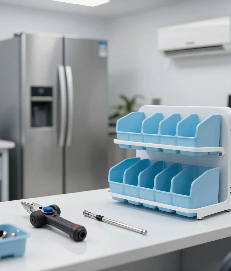 A modern professional workshop in Dubai featuring high-end tools for refrigerator and air conditioner repair. Sleek white surfaces, light blue organizational bins, clean and efficient workspace.