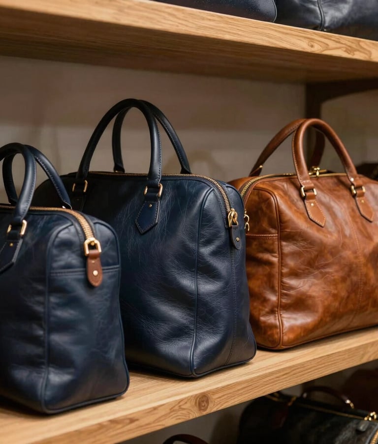 A row of expertly restored luxury leather handbags and travel bags displayed on a solid oak shelf, elegant side lighting highlighting the texture of the leather, Portuguese / European workshop setting, colors include deep navy and warm bronze.