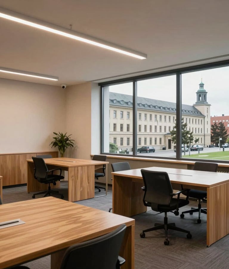 Interior of a modern, professional office located in a historic Central European building, featuring clean wooden furniture, warm lighting, and a view of a university campus through the window.