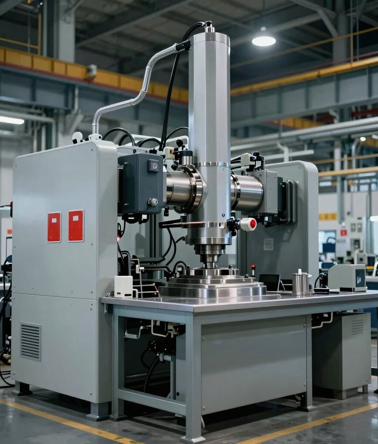 Wide shot of a modern industrial facility featuring high-tech automated machinery. The lighting is crisp and cool, highlighting the metallic surfaces and red safety markers. Authentic North American industrial environment.