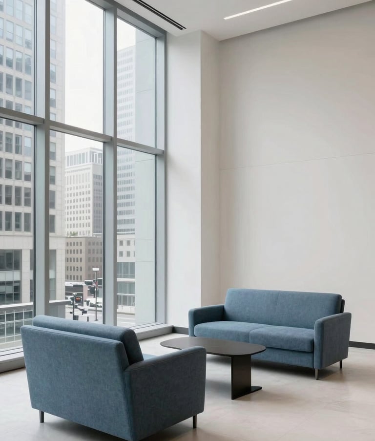 A wide-angle, minimalist photograph of a high-end corporate lounge in a North American financial district. The aesthetic is clean and modern, featuring Slate Blue furniture, Off-white walls, and floor-to-ceiling glass windows.