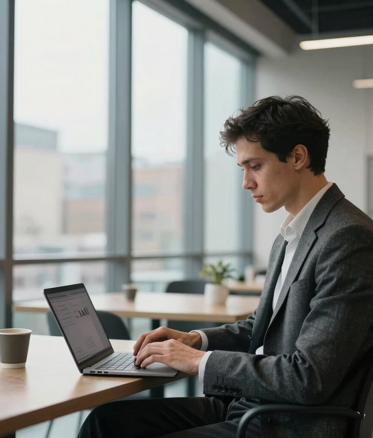 A professional person sitting in a bright, modern European coworking space with large windows, using a sleek laptop, soft morning light, palette of dark gray and light blue, premium startup style.