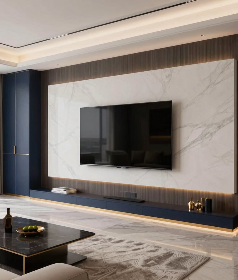 A wide-angle professional photograph of a contemporary living room in Dubai, featuring high-end architecture. A large, perfectly functioning smart TV is mounted on a minimalist wall. The atmosphere is sophisticated and clean. Middle Eastern / Gulf interior design style with navy and gold accents.