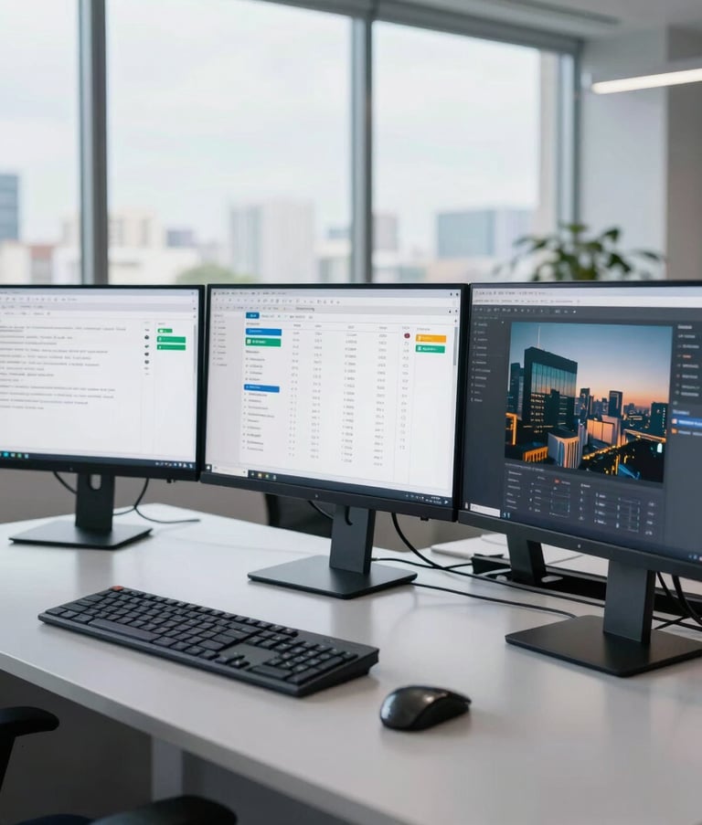A modern South American office workstation featuring multiple high-resolution monitors displaying data dashboards and communication software. The environment is clean and professional, with light blue and grey tones. Natural light flows through a large window, reflecting a modern Brazilian corporate atmosphere.