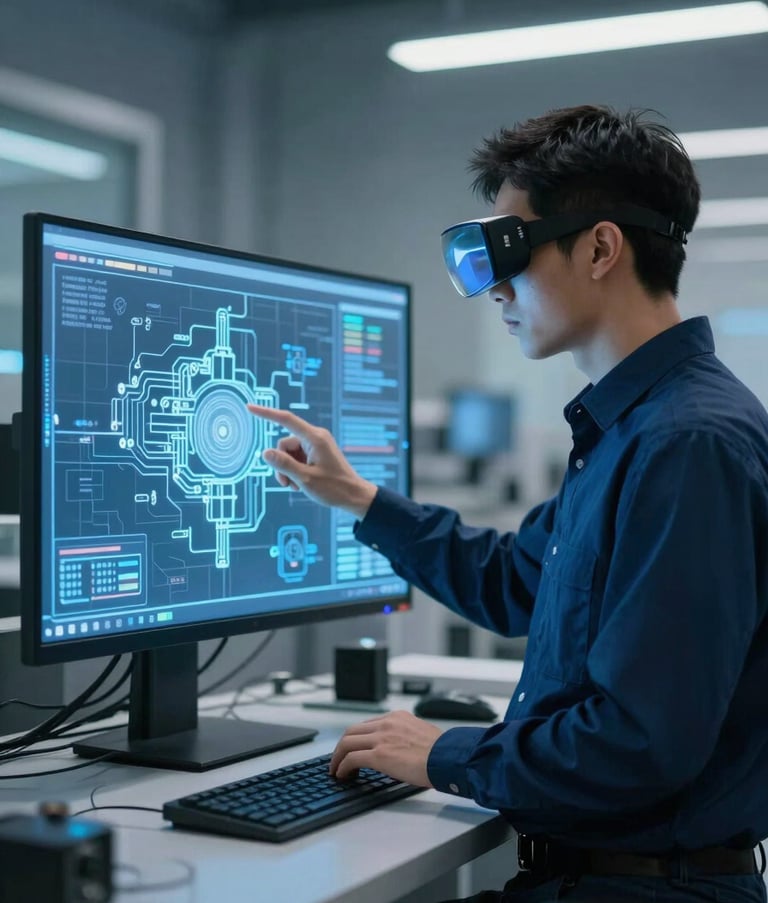 A photography-style shot of an engineer in a minimalist North American facility interacting with an augmented reality interface showing machine blueprints. Lighting includes deep blue and sky blue highlights against a tech-driven backdrop.