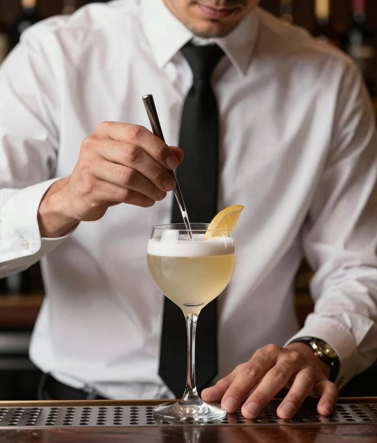 Close-up of an expert bartender in a crisp white shirt and black tie preparing an elegant cocktail in a high-end North American lounge, dark wood and glass backdrop.